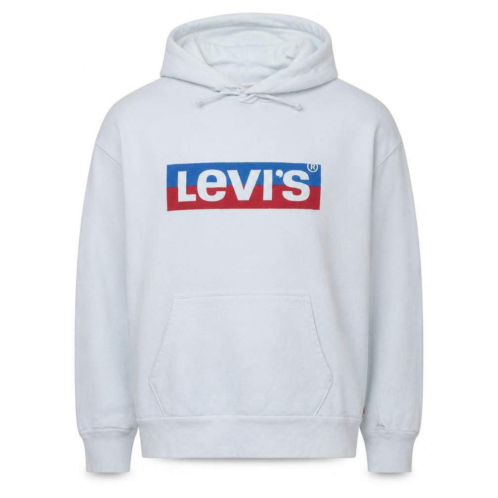 Front view of Levi's Men's White XS Pullover Hoodie Graphic Logo Sweatshirt