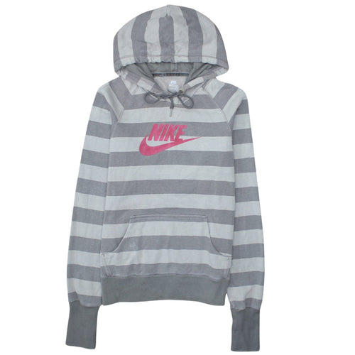 Nike Women Grey Striped Pullover Hoodie Size 14/16 Drawstring Graphic Logo