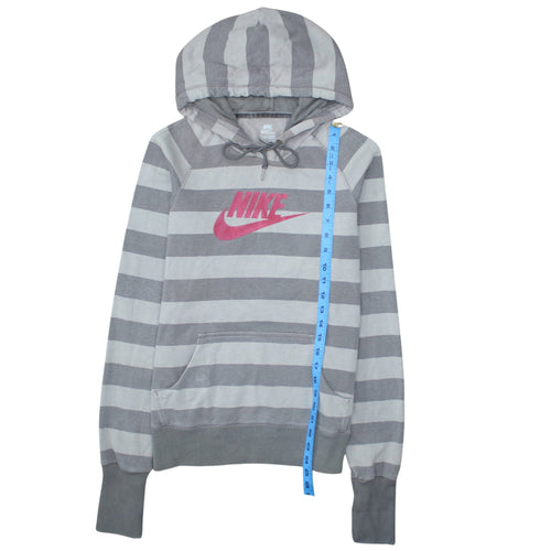 Nike Women Grey Striped Pullover Hoodie Size 14/16 Drawstring Graphic Logo