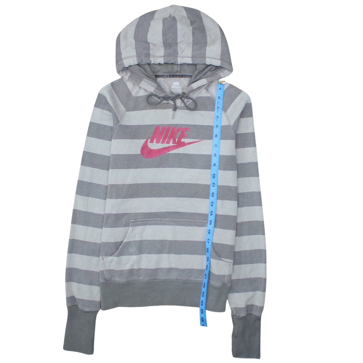 Nike Women Grey Striped Pullover Hoodie Size 14/16 Drawstring Graphic Logo