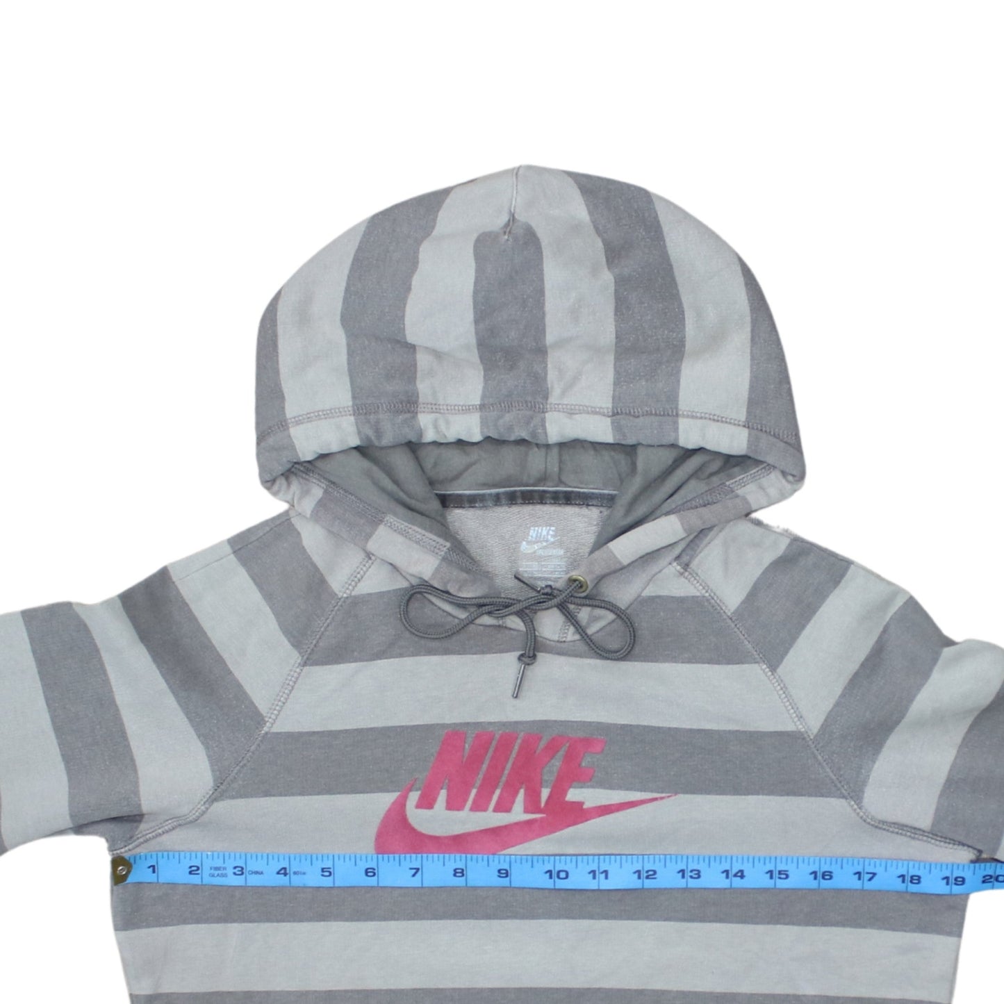 Nike Women Grey Striped Pullover Hoodie Size 14/16 Drawstring Graphic Logo