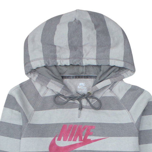 Nike Women Grey Striped Pullover Hoodie Size 14/16 Drawstring Graphic Logo