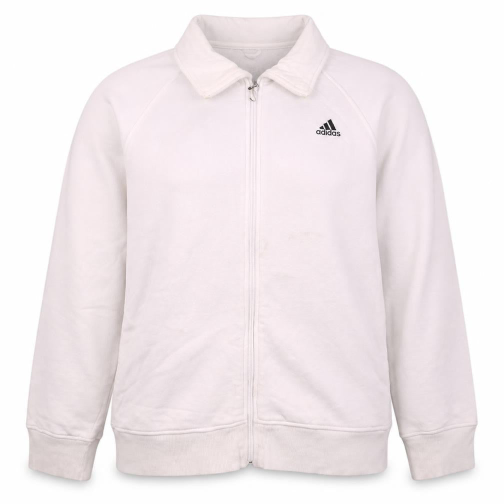 Front view of Adidas women’s white full zip sweatshirt, size UK 18, lined hoodie