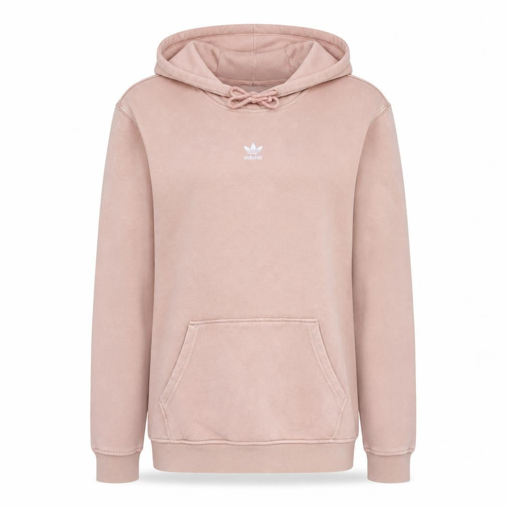 Front view of Adidas women’s pink pullover hoodie, size UK 16, regular hooded sweatshirt