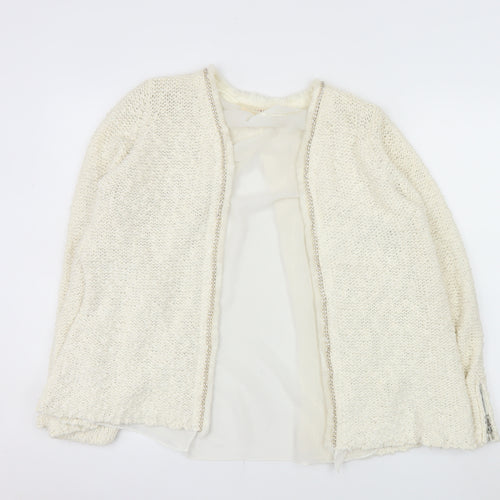Zara Women Ivory Open Cardigan Lurex Trim Size 12 Cotton Blend Knit