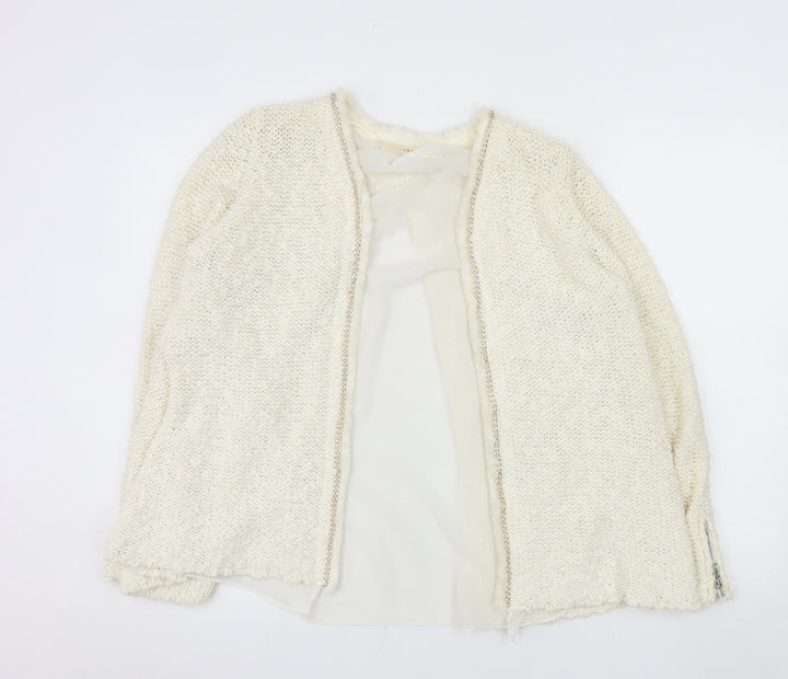 Zara Women Ivory Open Cardigan Lurex Trim Size 12 Cotton Blend Knit
