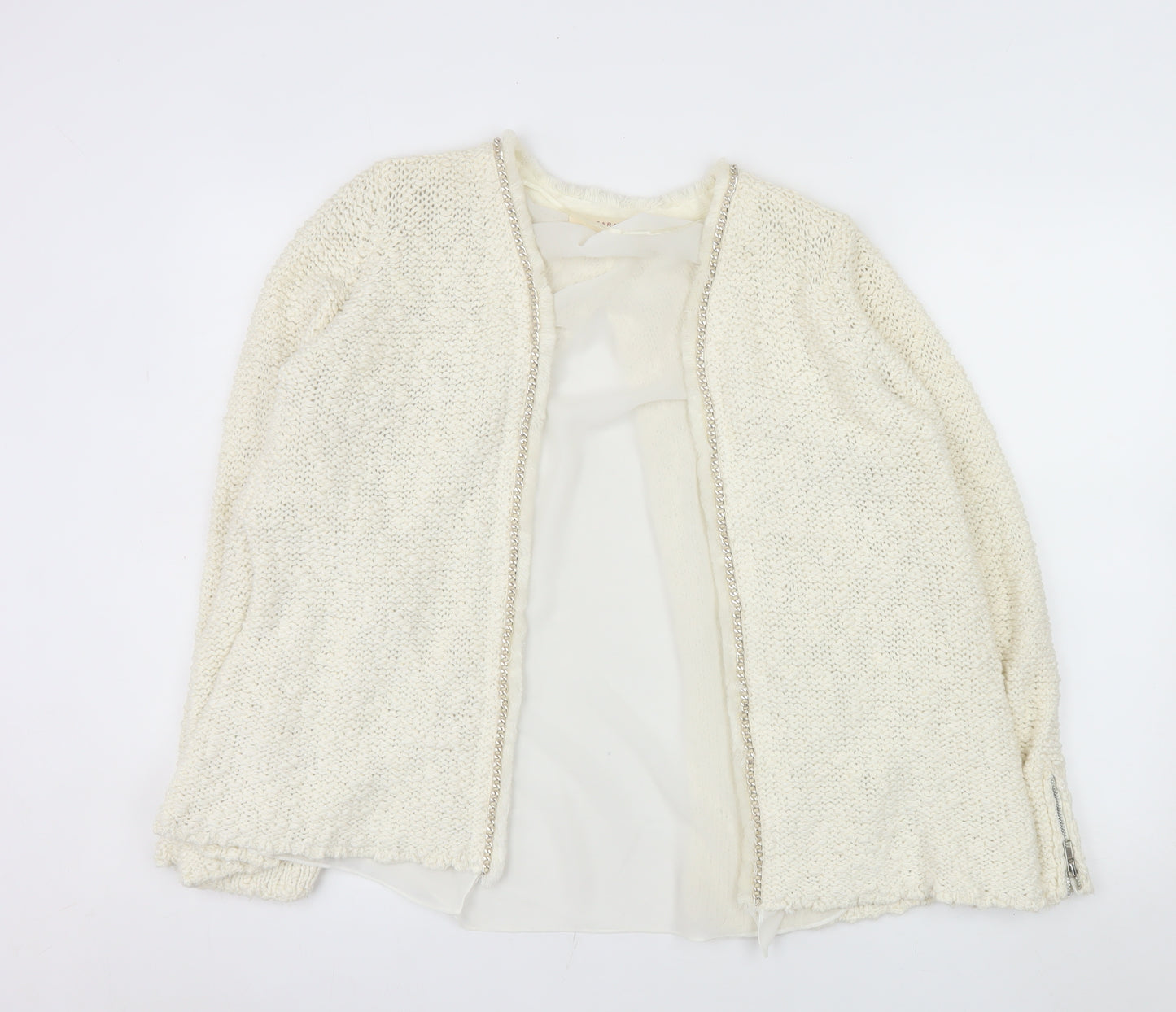 Zara Women Ivory Open Cardigan Lurex Trim Size 12 Cotton Blend Knit
