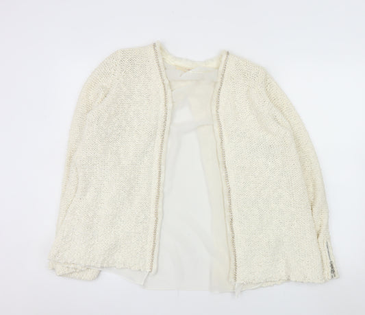 Zara Women Ivory Open Cardigan Lurex Trim Size 12 Cotton Blend Knit