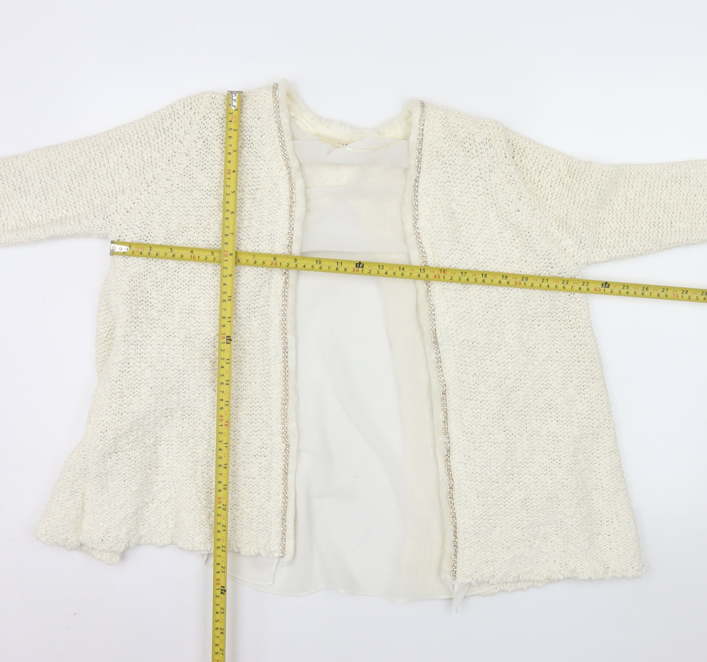 Zara Women Ivory Open Cardigan Lurex Trim Size 12 Cotton Blend Knit