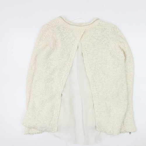 Zara Women Ivory Open Cardigan Lurex Trim Size 12 Cotton Blend Knit