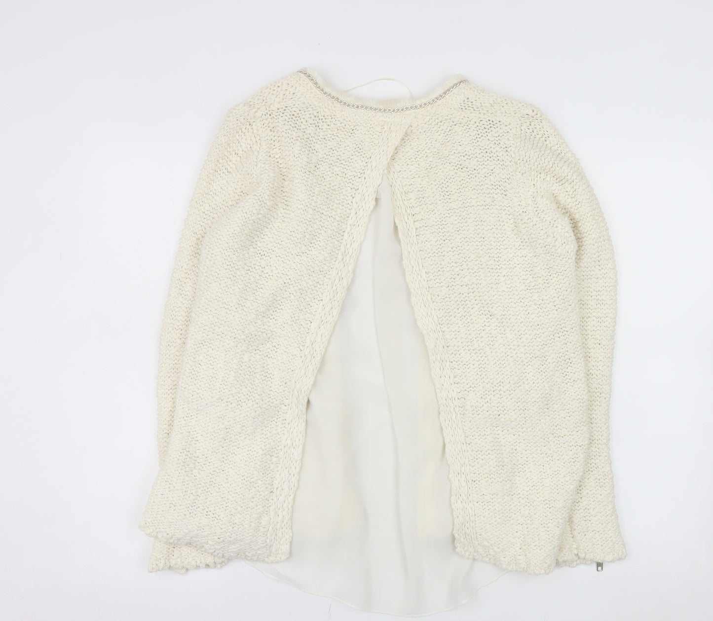 Zara Women Ivory Open Cardigan Lurex Trim Size 12 Cotton Blend Knit