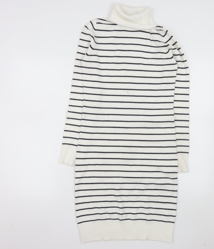 French Connection Women White Striped Roll Neck Jumper Dress M