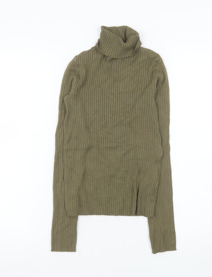 Bershka Womens Khaki Ribbed Roll Neck Long Sleeve Jumper M