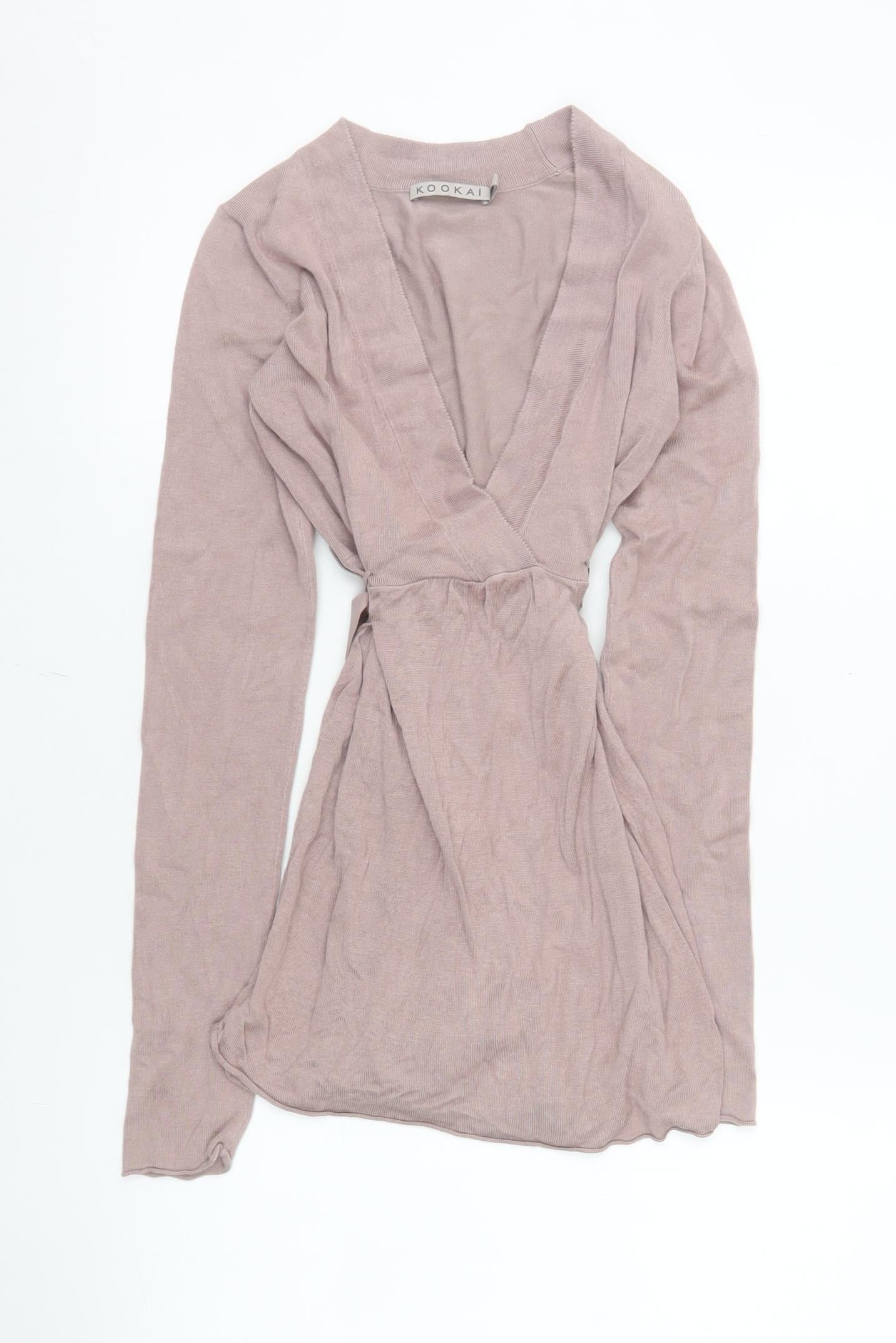 Kookai Women Beige Wrap Knit Mini Dress Size 6 Long Sleeve