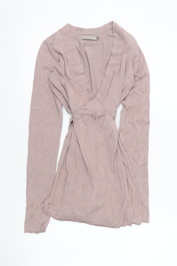 Kookai Women Beige Wrap Knit Mini Dress Size 6 Long Sleeve
