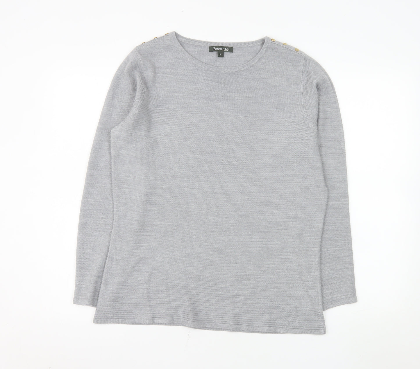 Bonmarché Women Grey Size 16 Crew Neck Button Pullover Jumper