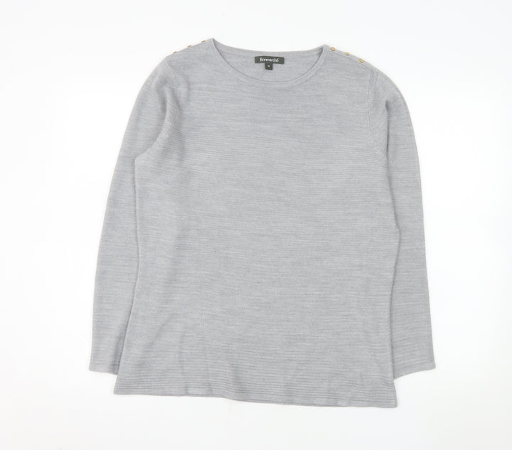 Bonmarché Women Grey Size 16 Crew Neck Button Pullover Jumper