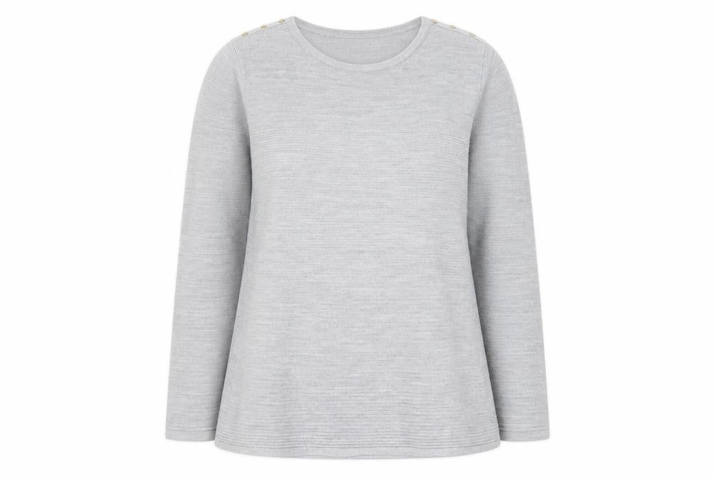 Front view of Bonmarché Women Grey, size 16, Crew Neck Button jumper
