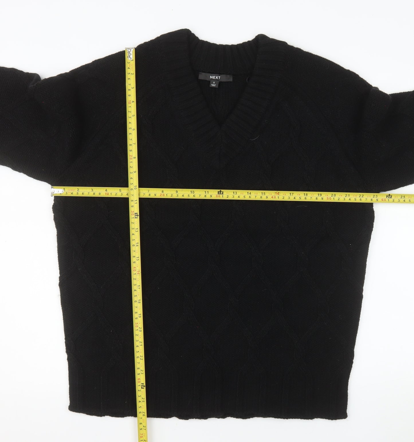 Next Men’s Black Cable Knit V-Neck Jumper Size S Regular Fit