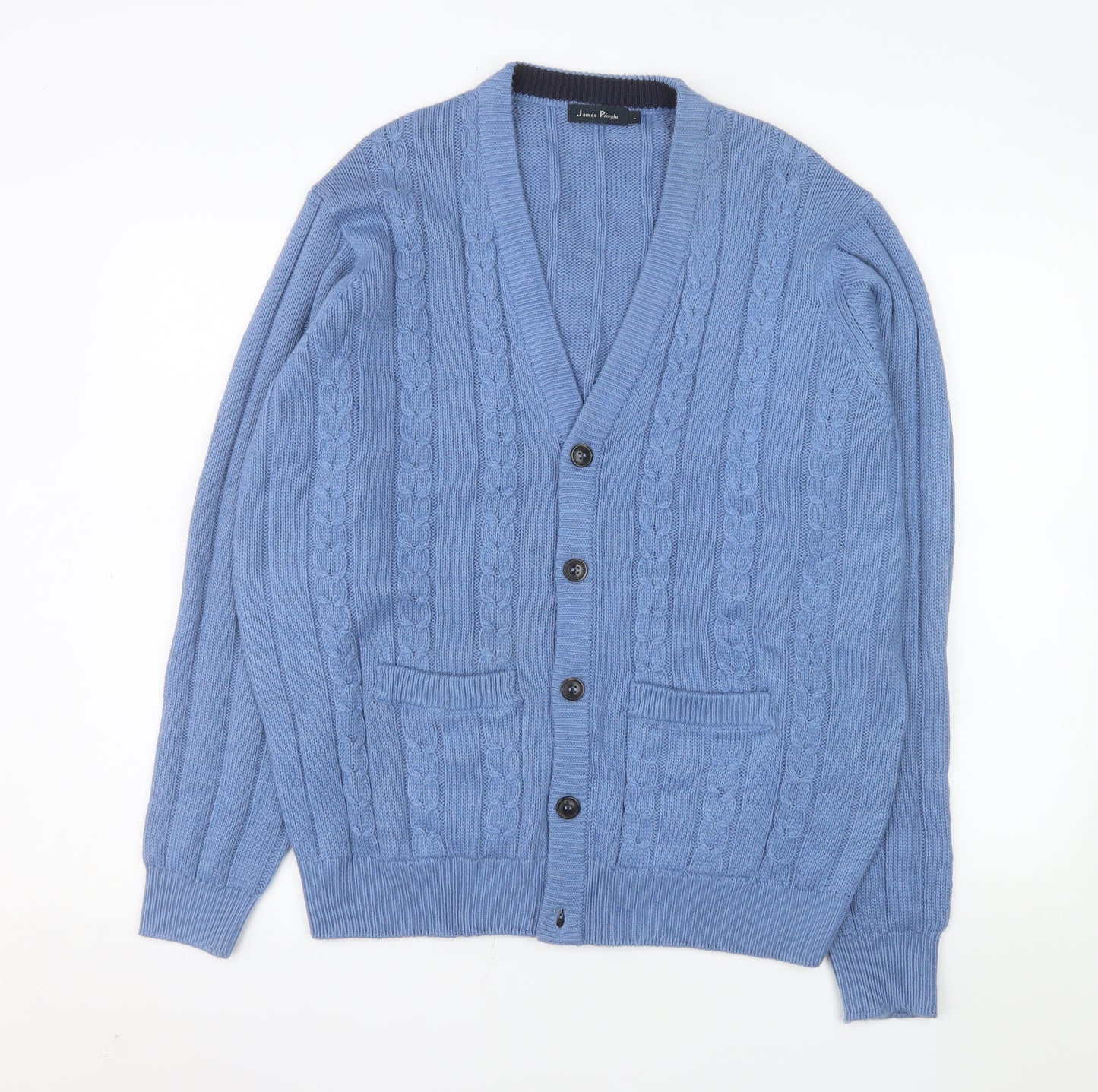 James Pringle Men's Blue Cable Knit Cardigan L Acrylic