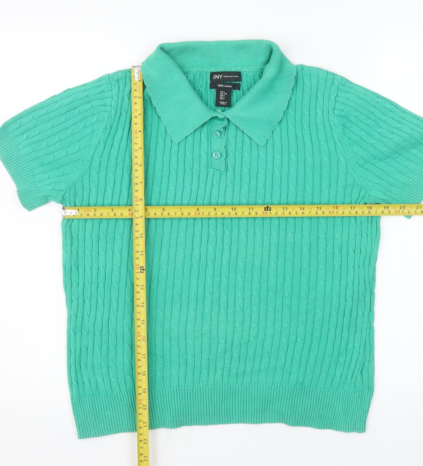 Jones New York Men's Green Cable Knit Cotton Short Sleeve Polo L