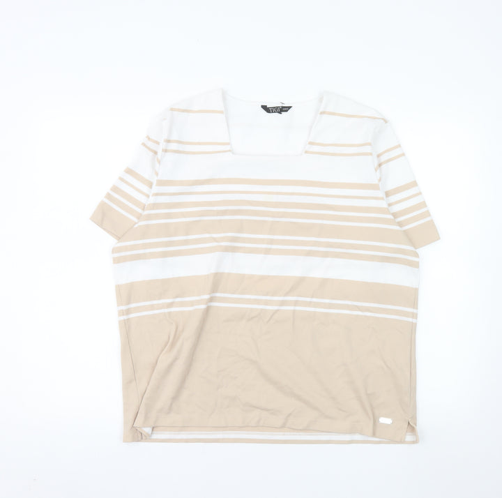 TIGI Women’s Beige White Striped Square Neck Plus Size T-Shirt 22