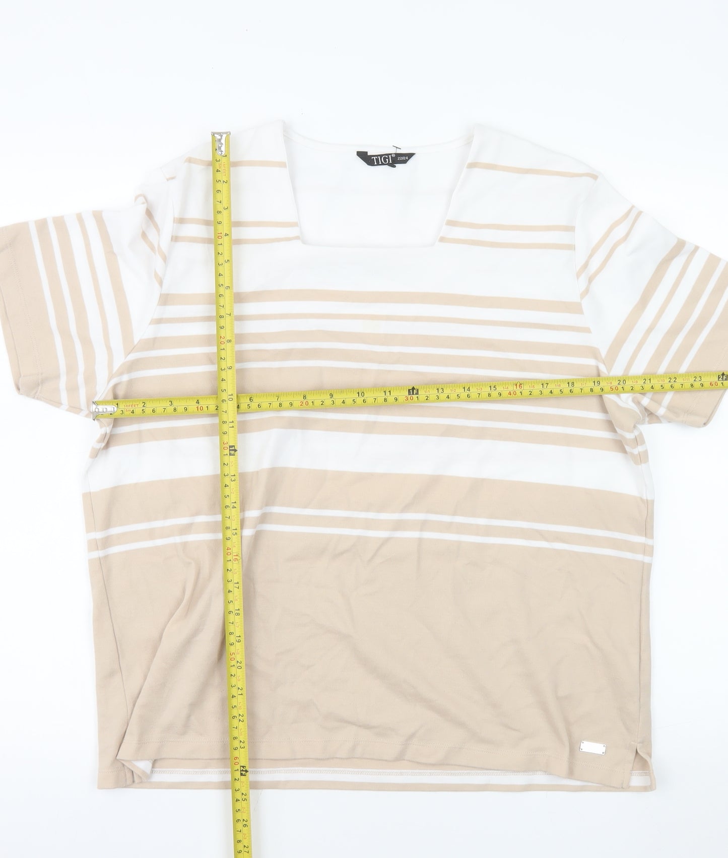 TIGI Women’s Beige White Striped Square Neck Plus Size T-Shirt 22
