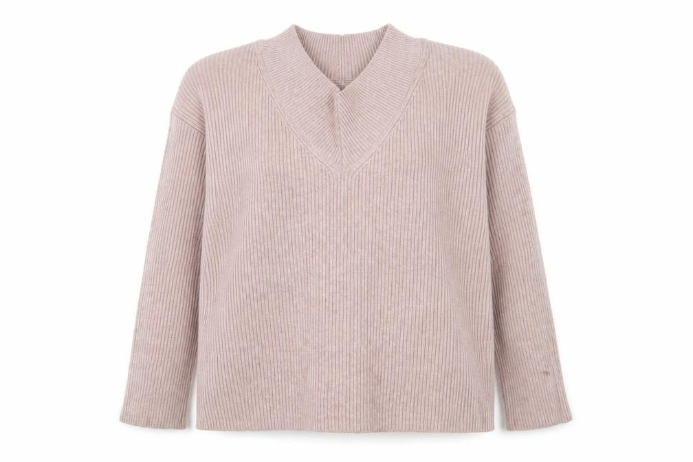 Front view of Next women’s pink v-neck ribbed knit jumper, size UK 14