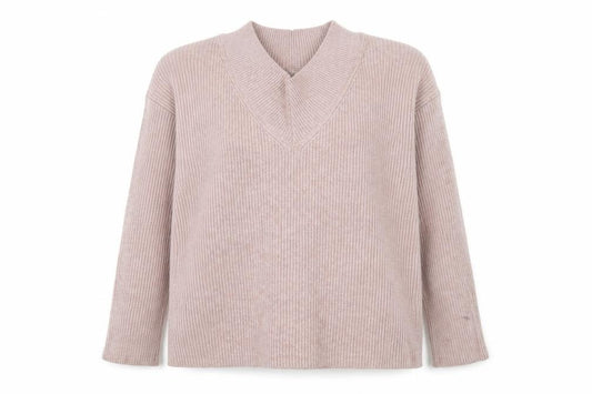 Front view of Next women’s pink v-neck ribbed knit jumper, size UK 14
