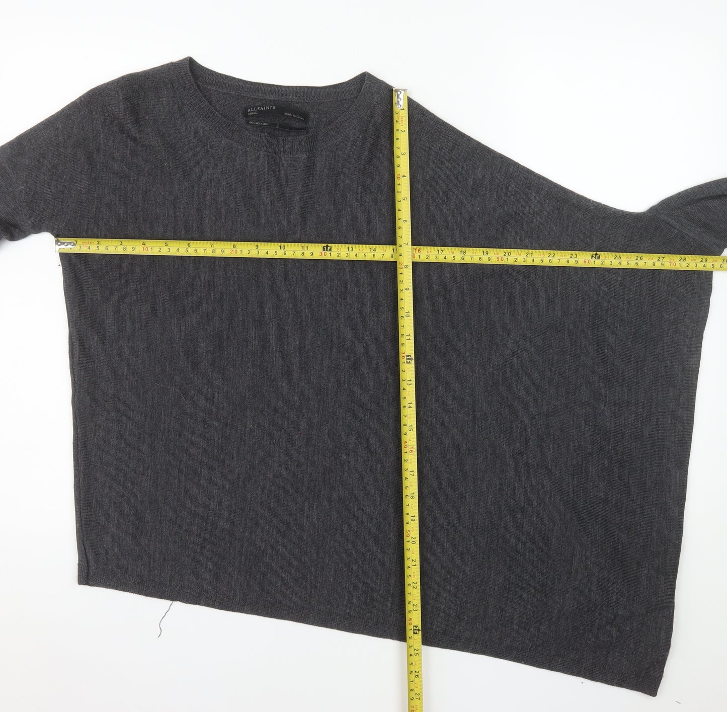 AllSaints Women’s Grey Merino Wool Asymmetrical Jumper Size S