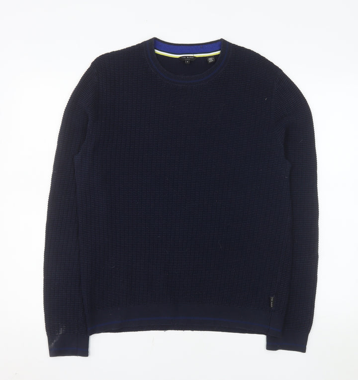 Ted Baker Men's Blue Cotton Waffle Knit Crew Neck Jumper Size L