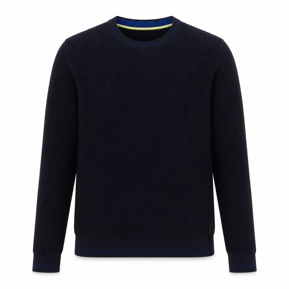 Front view of Ted Baker Men's Blue Cotton Waffle Knit Crew Neck Jumper, size L