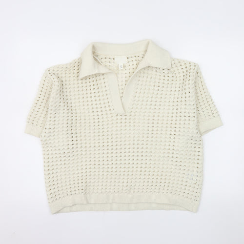 H&M Men Ivory Open-Knit Collared Short Sleeve Polo Jumper L