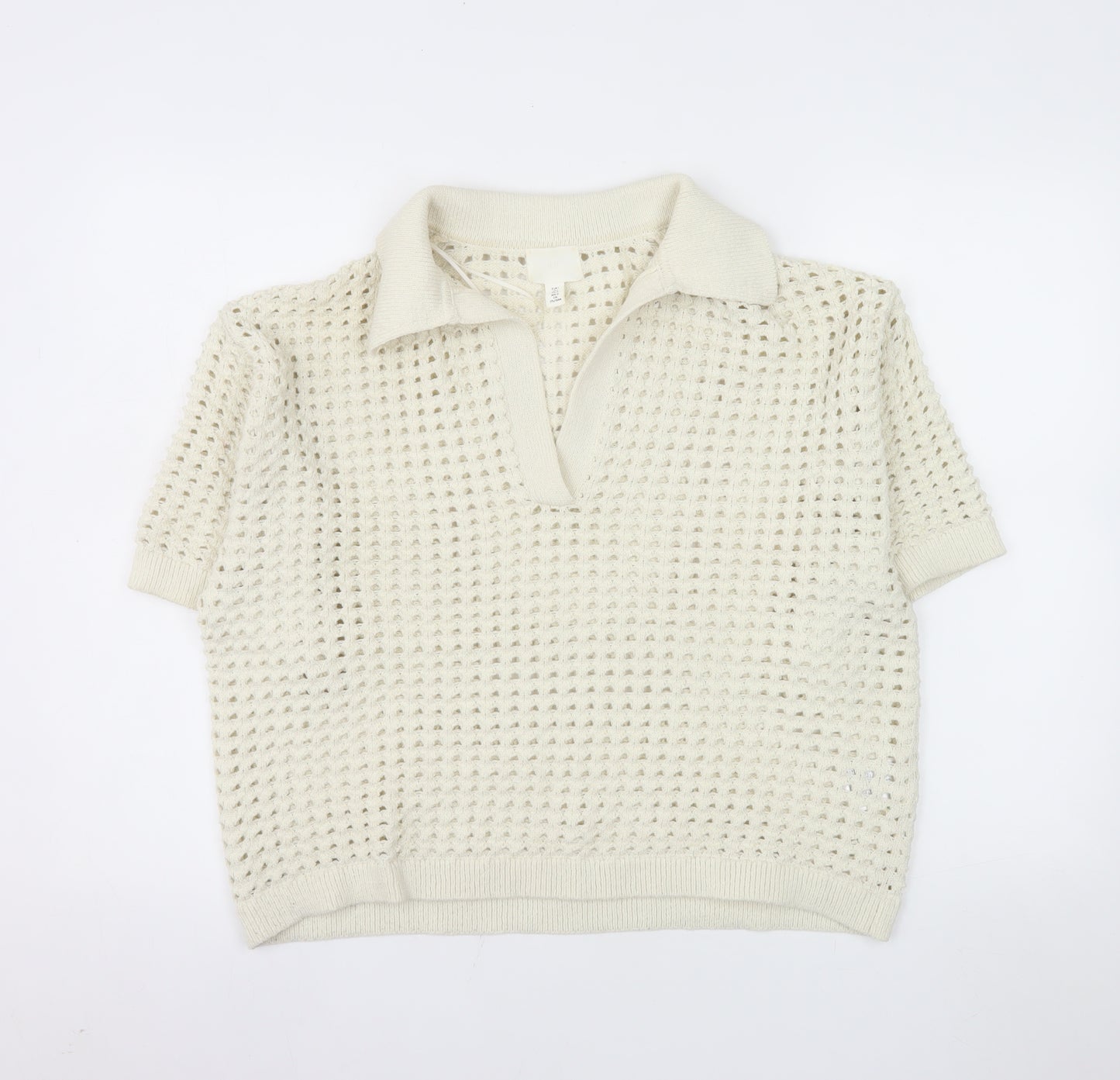 H&M Men Ivory Open-Knit Collared Short Sleeve Polo Jumper L