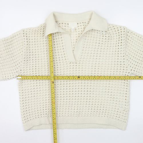 H&M Men Ivory Open-Knit Collared Short Sleeve Polo Jumper L