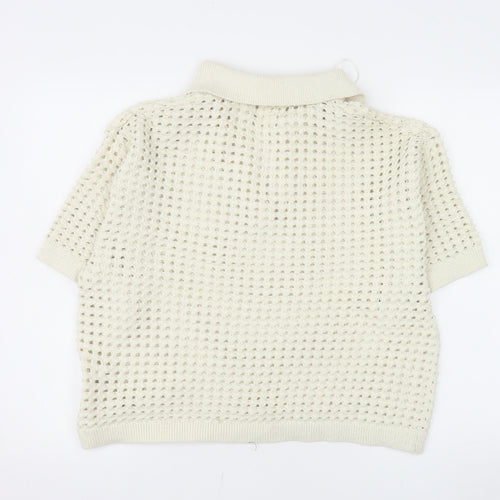 H&M Men Ivory Open-Knit Collared Short Sleeve Polo Jumper L