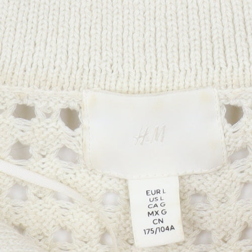 H&M Men Ivory Open-Knit Collared Short Sleeve Polo Jumper L