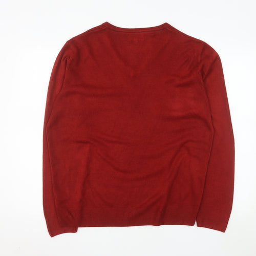EAST Men's Red Acrylic V-Neck Pullover Jumper Size L