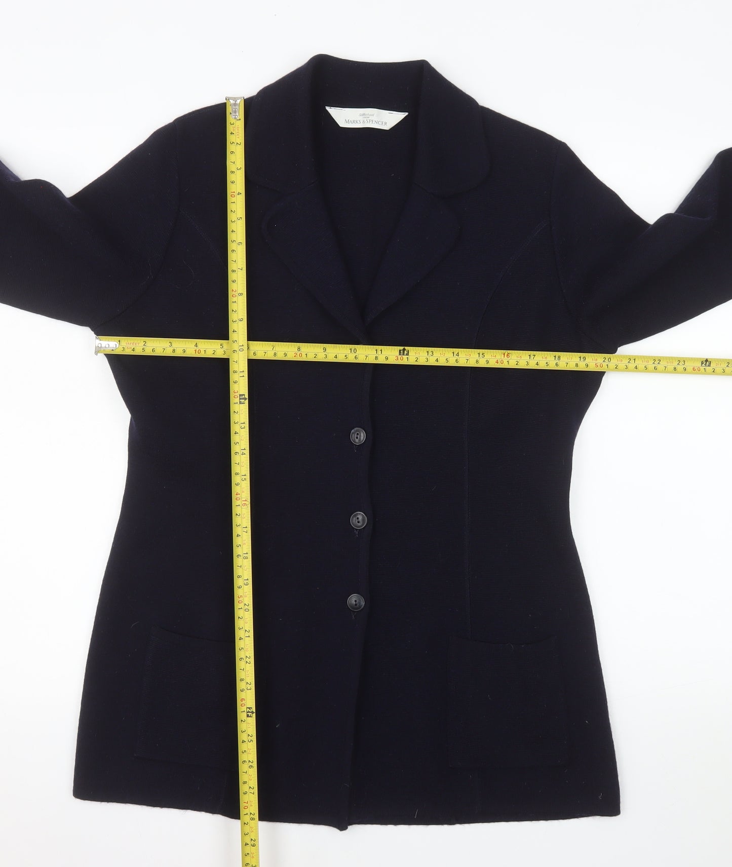 Marks and Spencer Women Black Wool Blend Mid-Length Blazer UK 14