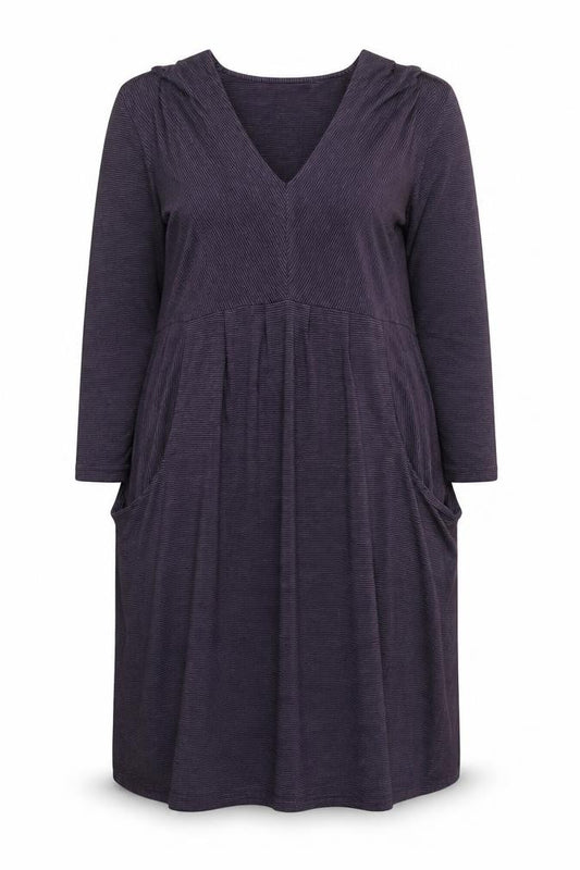 Front view of Kaliko Women’s Purple Striped Jersey V-Neck Shift Dress, size UK 14
