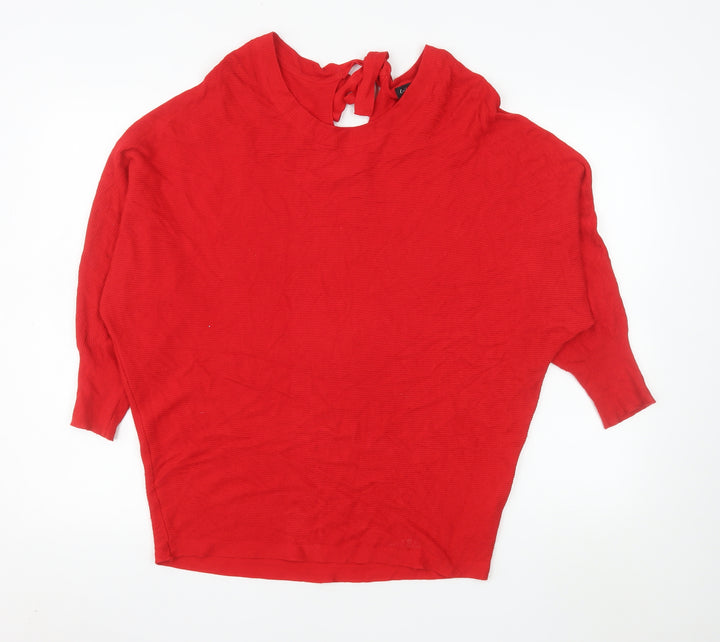 F&F Women Red High Neck Bow Back Relaxed Fit Pullover Jumper Size 14