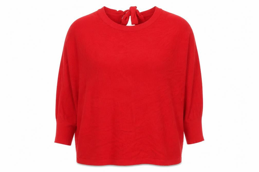 Front view of F&F Women Red High Neck Bow Back Relaxed Fit jumper, size 14