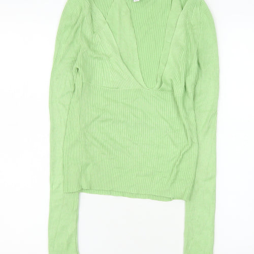 Topshop Women’s Green Ribbed V-Neck Cropped Long Sleeve Top S