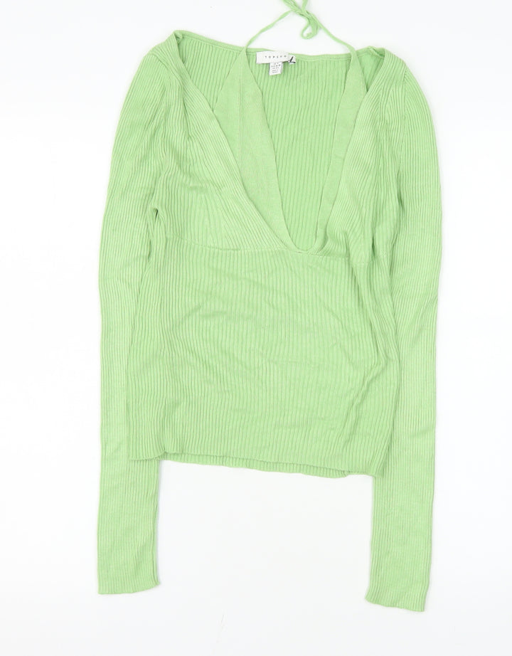 Topshop Women’s Green Ribbed V-Neck Cropped Long Sleeve Top S