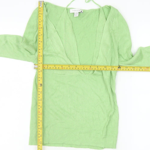 Topshop Women’s Green Ribbed V-Neck Cropped Long Sleeve Top S