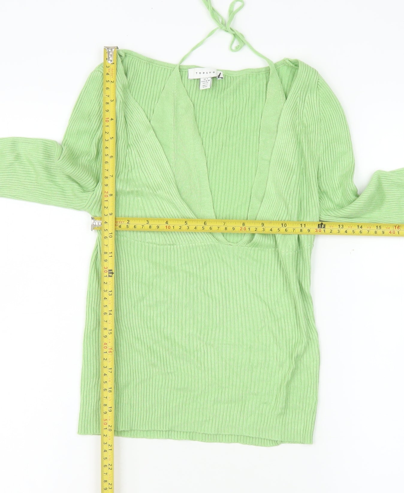 Topshop Women’s Green Ribbed V-Neck Cropped Long Sleeve Top S