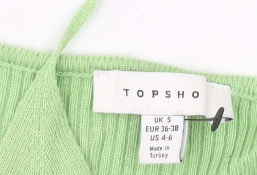 Topshop Women’s Green Ribbed V-Neck Cropped Long Sleeve Top S