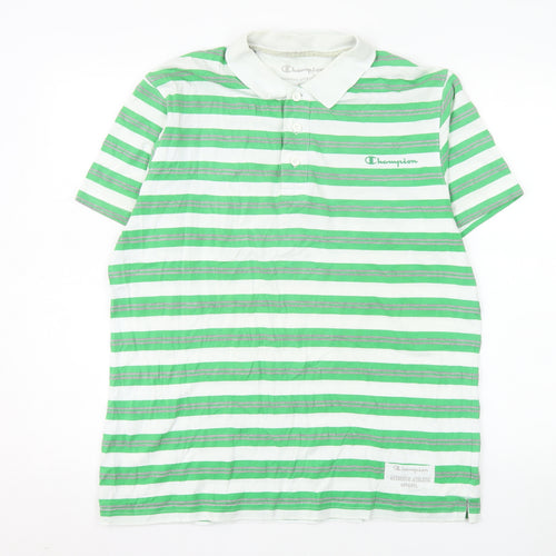 Champion Men's Green Striped Polo Shirt Medium Cotton