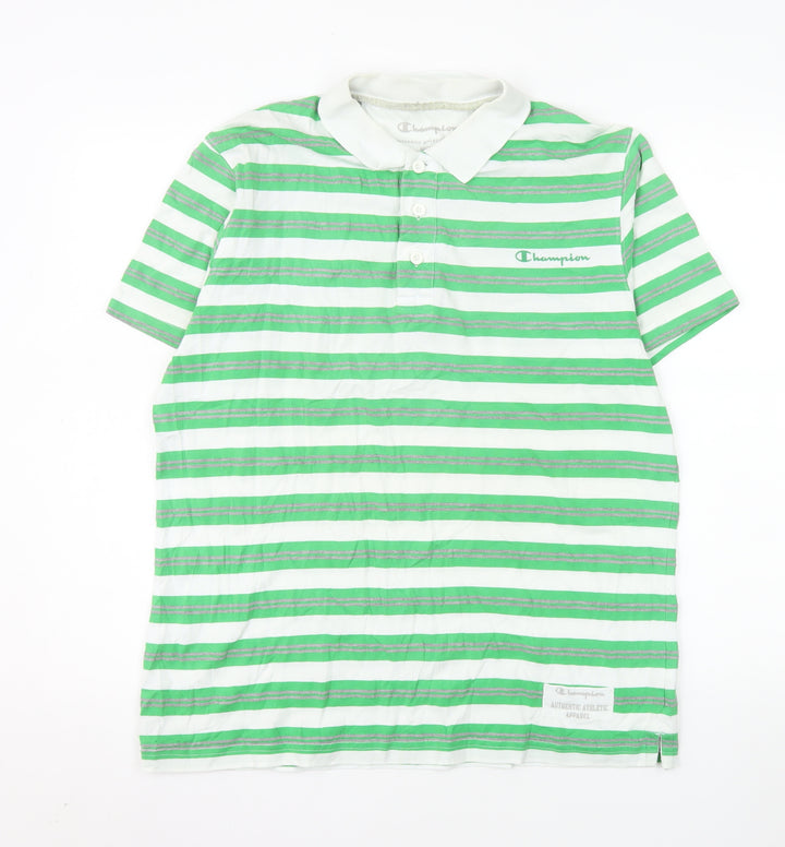 Champion Men's Green Striped Polo Shirt Medium Cotton