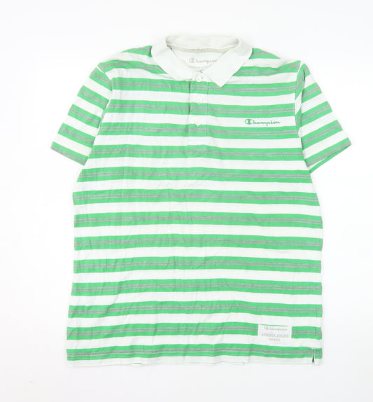 Champion Men's Green Striped Polo Shirt Medium Cotton